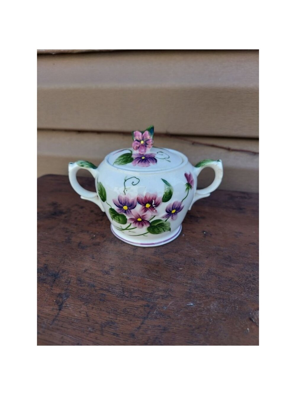 Vintage Lefton Sweet Violets Handled Sugar Bowl w/ Lid 2643